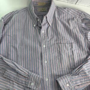 VTG LL BEAN Mens 16.5/34 Single Needle Shirt Oxford Pink Blue Stripe USA Made